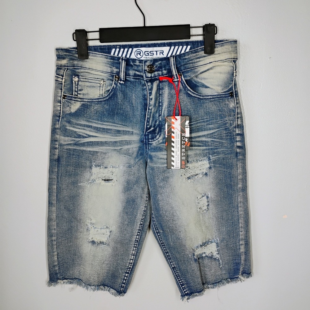 NWT RGSTR Denim Shorts Mens 30 Blue Denim Jorts Distressed Streetwear Stretch